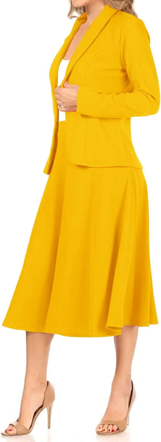 Women's Two Piece Lightweight Solid Long Sleeve Casual Blazer Relaxed A-Line Midi Skirt