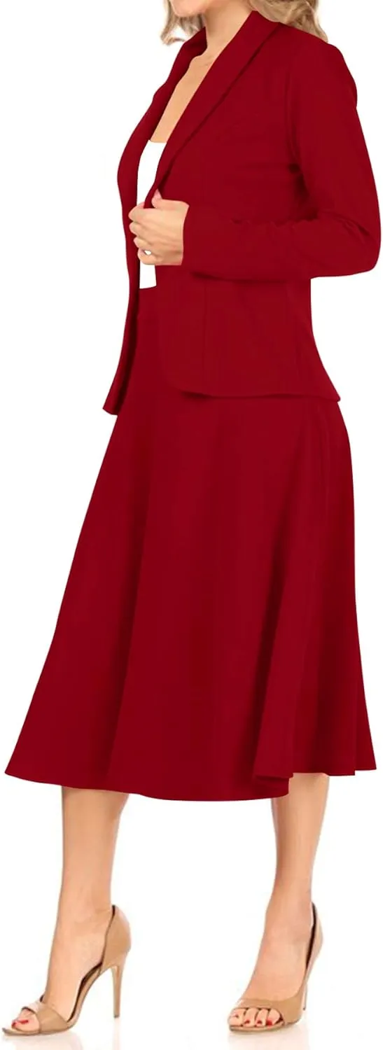 Women's Two Piece Lightweight Solid Long Sleeve Casual Blazer Relaxed A-Line Midi Skirt