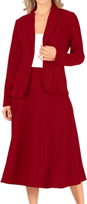 Women's Two Piece Lightweight Solid Long Sleeve Casual Blazer Relaxed A-Line Midi Skirt