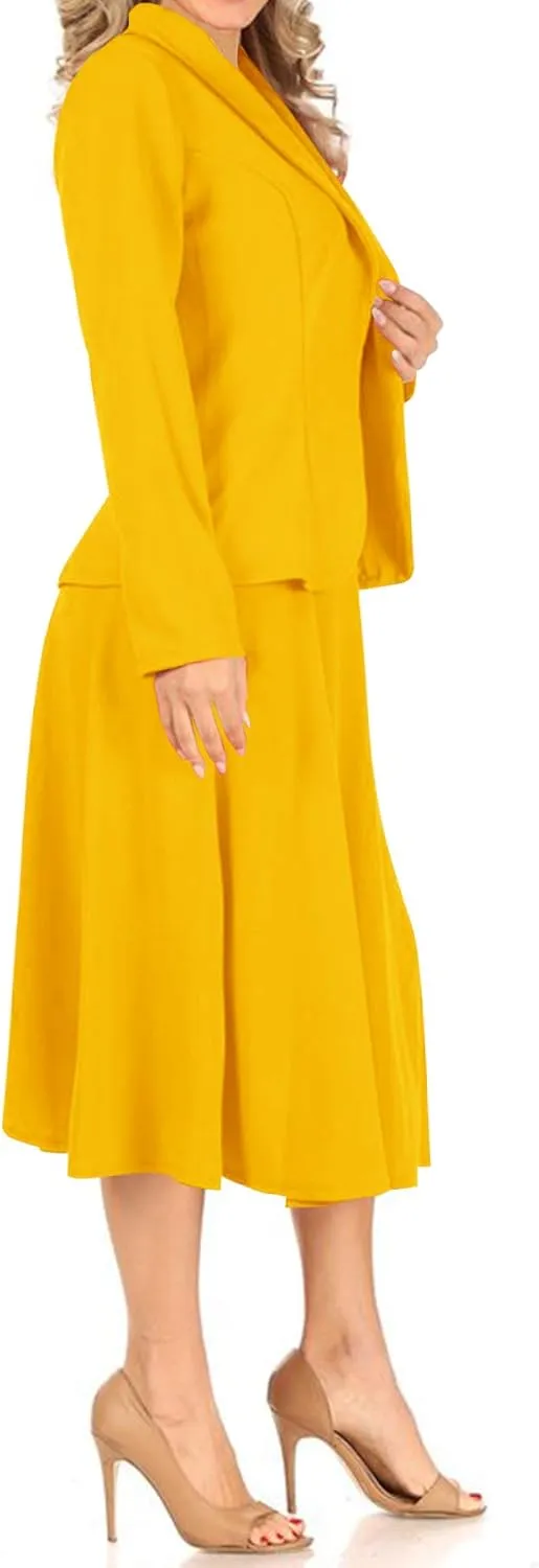Women's Two Piece Lightweight Solid Long Sleeve Casual Blazer Relaxed A-Line Midi Skirt