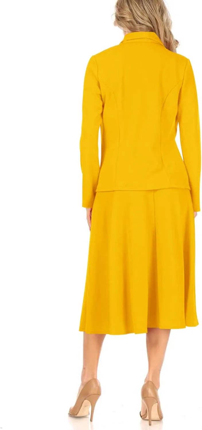 Women's Two Piece Lightweight Solid Long Sleeve Casual Blazer Relaxed A-Line Midi Skirt