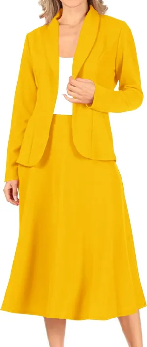 Women's Two Piece Lightweight Solid Long Sleeve Casual Blazer Relaxed A-Line Midi Skirt