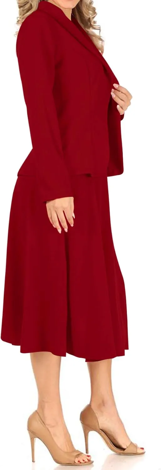 Women's Two Piece Lightweight Solid Long Sleeve Casual Blazer Relaxed A-Line Midi Skirt
