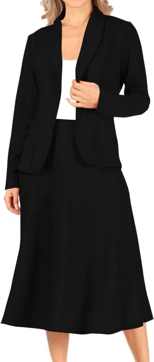 Women's Two Piece Lightweight Solid Long Sleeve Casual Blazer Relaxed A-Line Midi Skirt