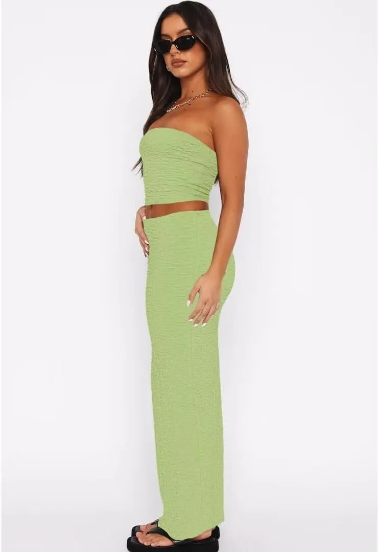 Womens Two Piece Outfits Summer Sleeveless Y2k Tube Tops Bodycon Long Maxi Skirt Set