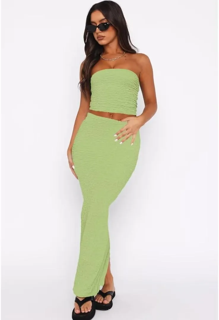 Womens Two Piece Outfits Summer Sleeveless Y2k Tube Tops Bodycon Long Maxi Skirt Set