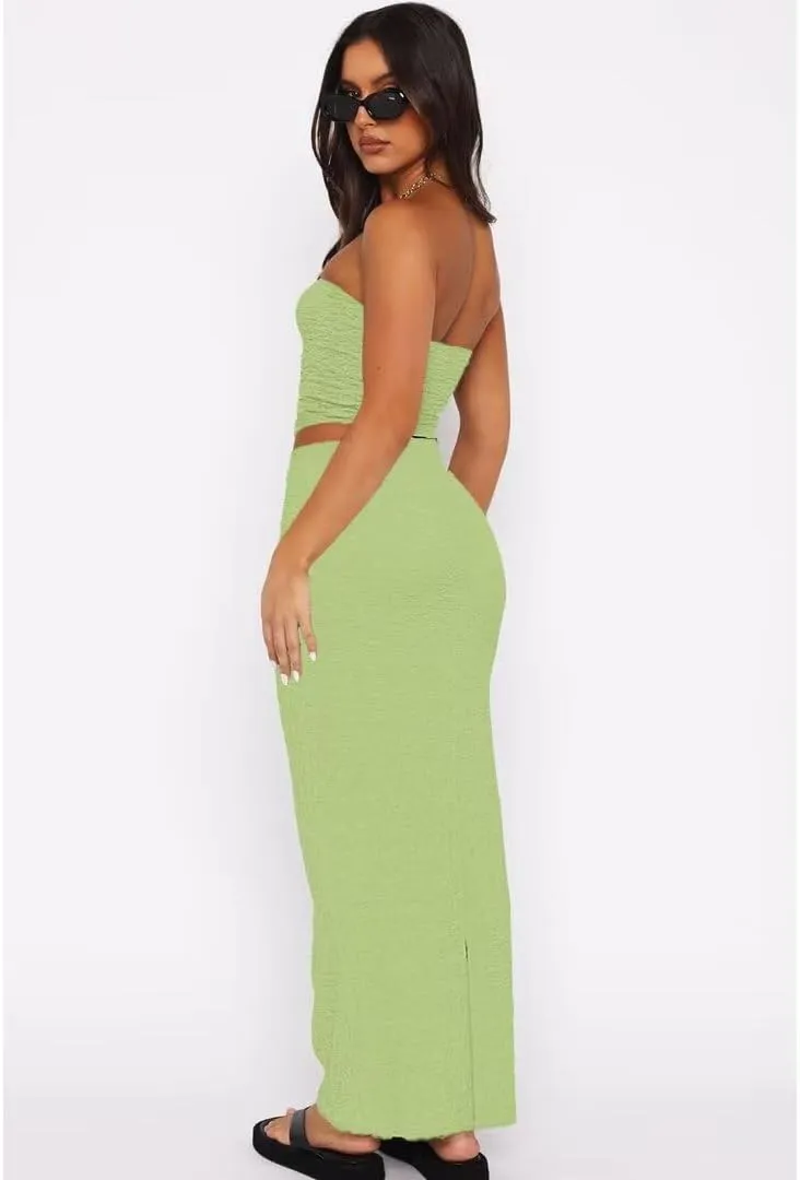 Womens Two Piece Outfits Summer Sleeveless Y2k Tube Tops Bodycon Long Maxi Skirt Set