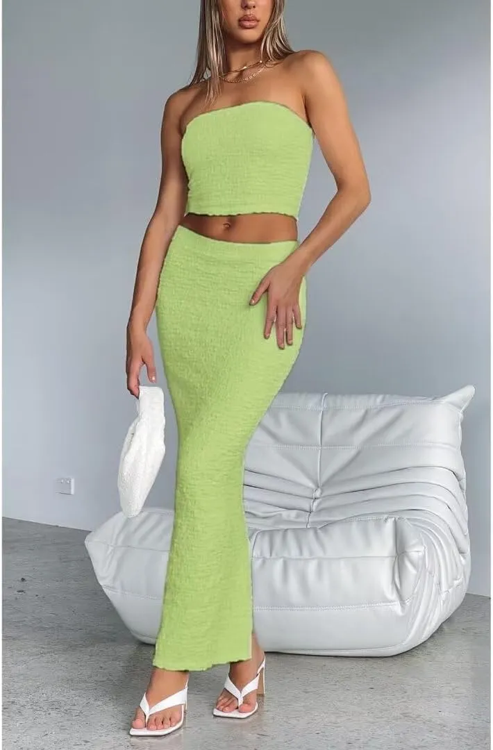Womens Two Piece Outfits Summer Sleeveless Y2k Tube Tops Bodycon Long Maxi Skirt Set