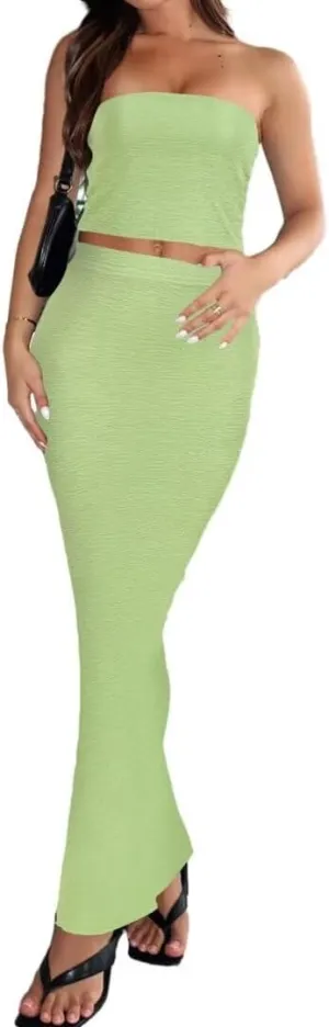 Womens Two Piece Outfits Summer Sleeveless Y2k Tube Tops Bodycon Long Maxi Skirt Set
