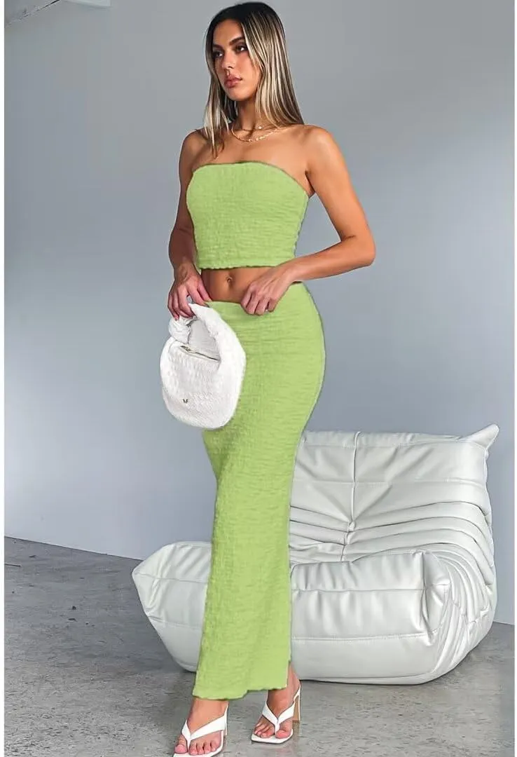 Womens Two Piece Outfits Summer Sleeveless Y2k Tube Tops Bodycon Long Maxi Skirt Set