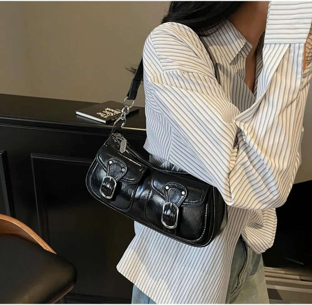 Y2k Hobo Bags Women 90s PU Leather Red Underarm Crescent Shoulder Bag Trendy Punk Crossbody Purse Slouchy Tote Handbag