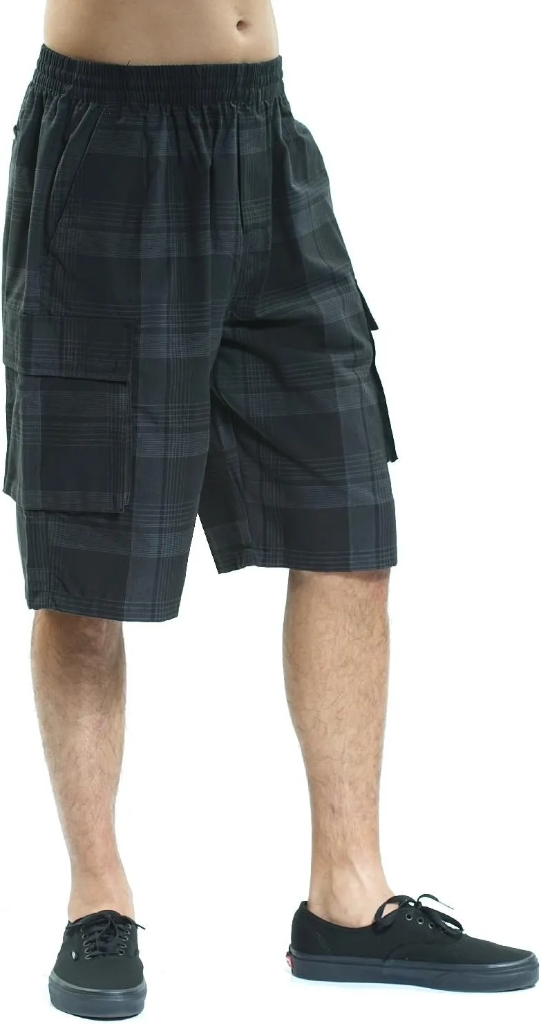 YAGO Men's Elastic Waist Drawstring Relaxed Fit Plaid Cargo Shorts S-5XL
