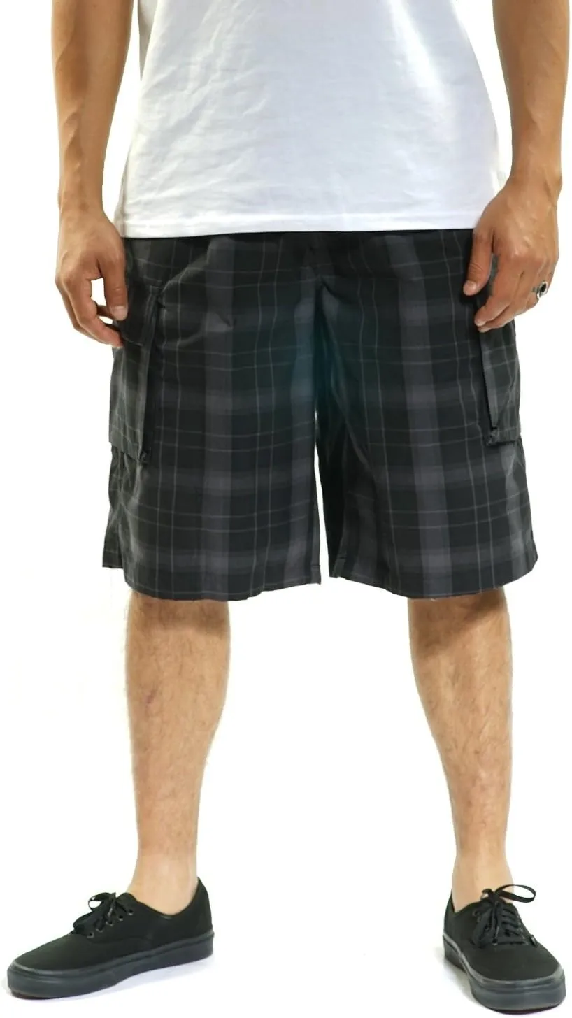 YAGO Men's Elastic Waist Drawstring Relaxed Fit Plaid Cargo Shorts S-5XL