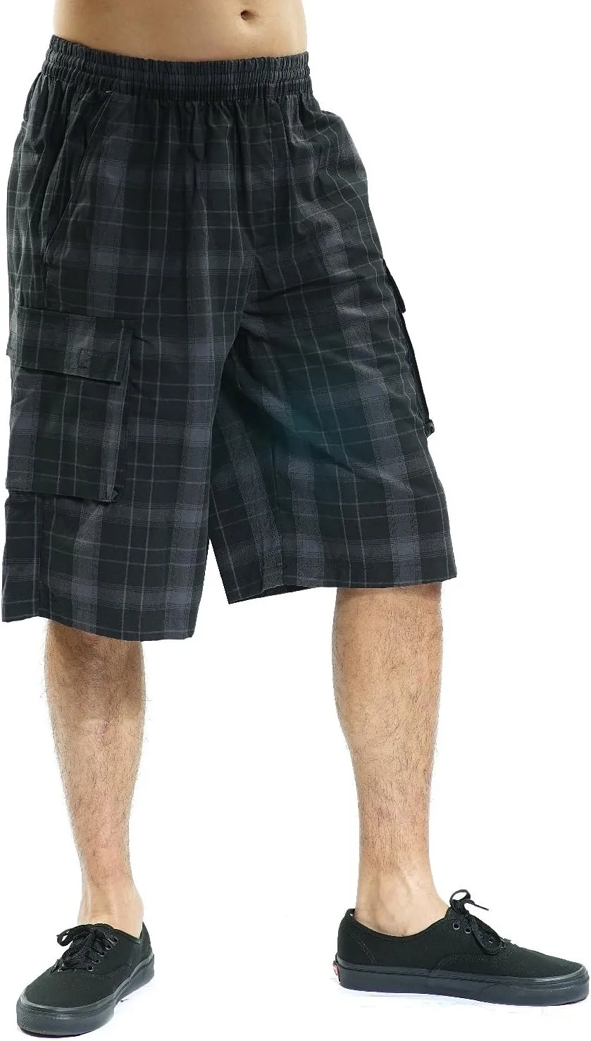 YAGO Men's Elastic Waist Drawstring Relaxed Fit Plaid Cargo Shorts S-5XL